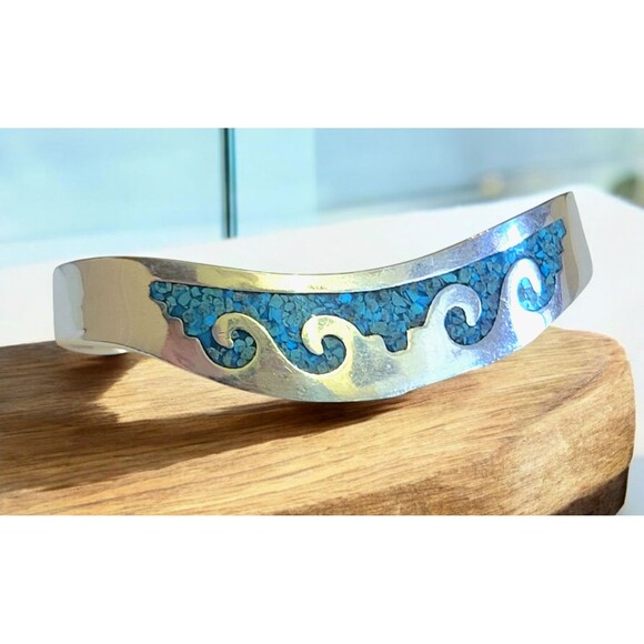 Vintage Taxco Mexico Turquoise Inlay 925 Sterling Silver  Wave Cuff Bracelet - Picture 1 of 11